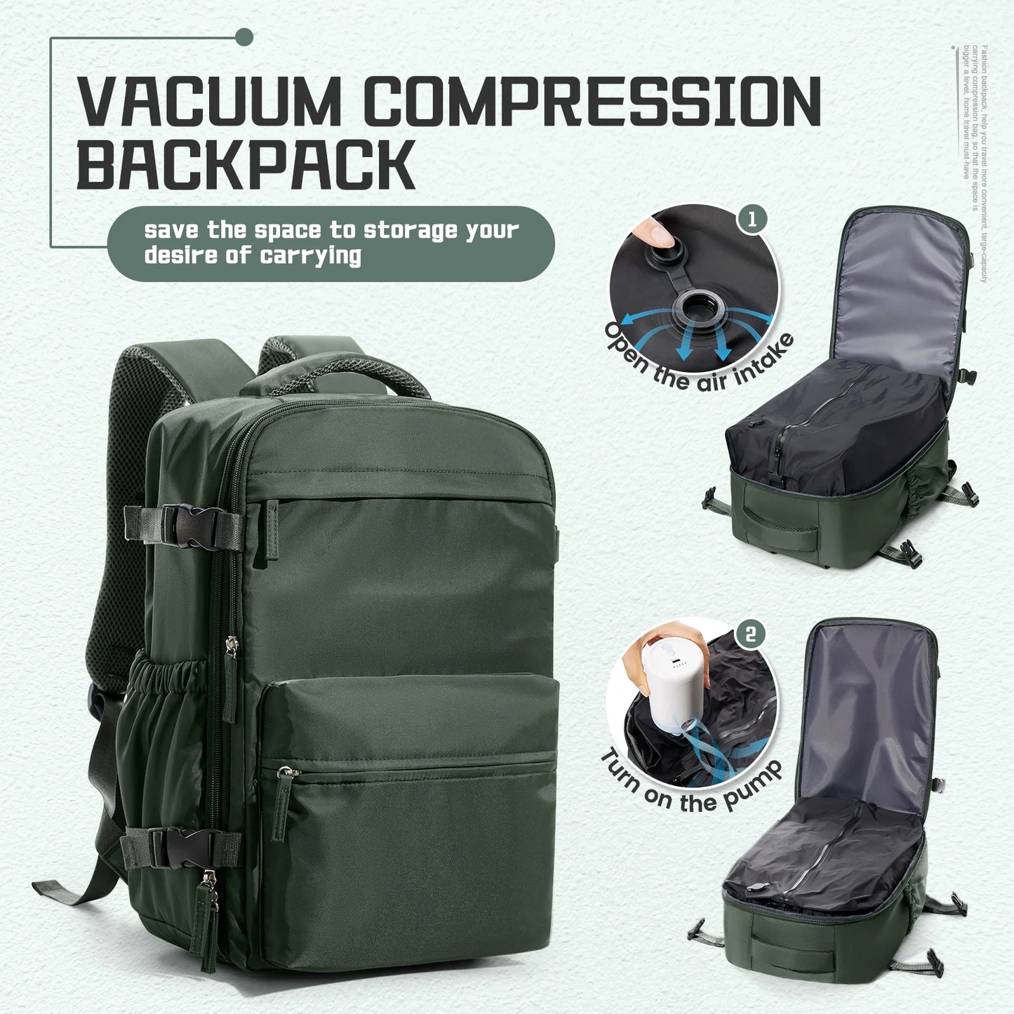 Vacuum Compression Backpack. Airline Approved Baggage