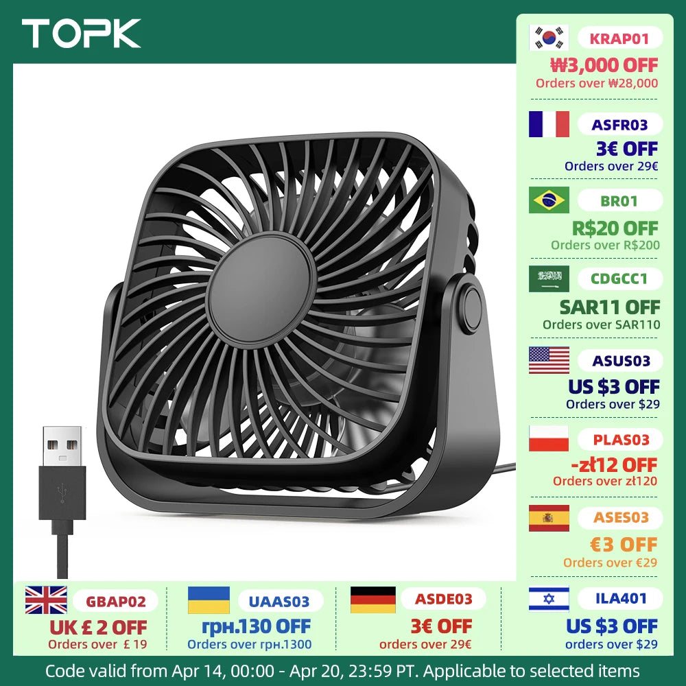 TOPK 4Inch USB Mini Portable Fan for Camping,3 Speeds Quiet Desk Table Personal Fan,360°Adjustment Standing Fans for Room Home