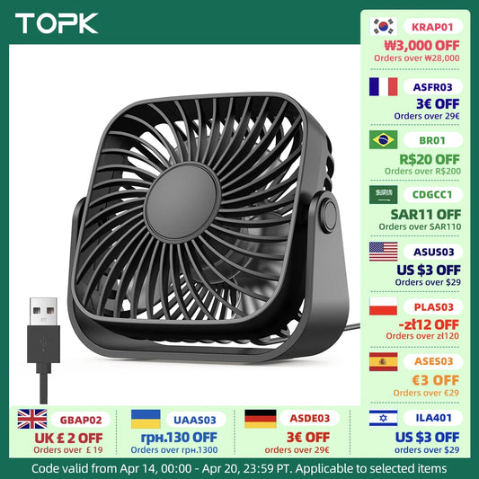 TOPK 4Inch USB Mini Portable Fan for Camping,3 Speeds Quiet Desk Table Personal Fan,360°Adjustment Standing Fans for Room Home