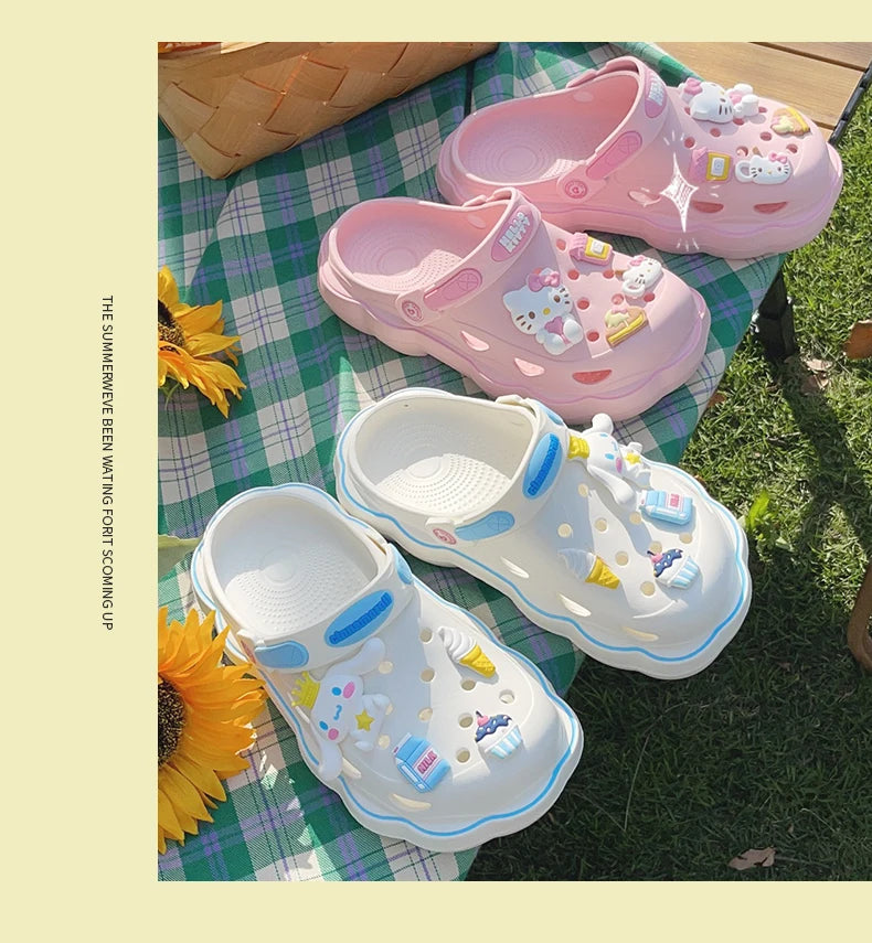 2023 Cute Hello Kitty Kuromi Clogs Summer Kawaii Fashion Sandals Y2K Flat Shoes Anime Sanrio Slipper Girls Birthday Gift