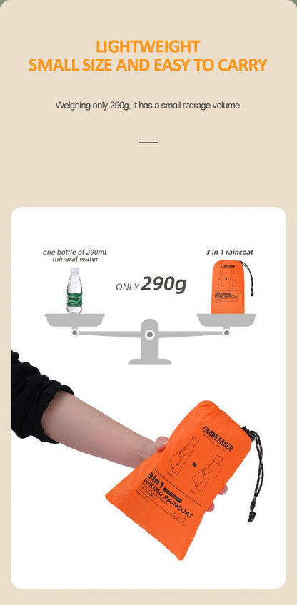 3 In 1 Outdoor Raincoat Hooded Sleeve Long Waterproof Rain Poncho Motorcycle Rain Cover Camping Hiking Travel Rainwear Tent