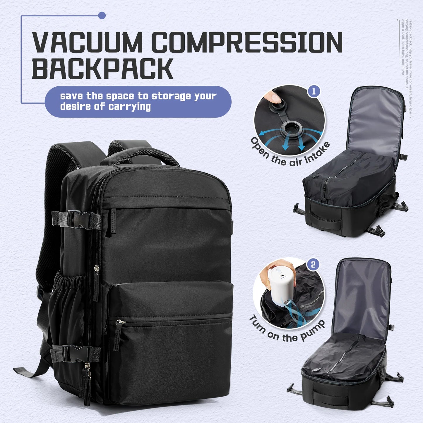 Vacuum Compression Backpack. Airline Approved Baggage